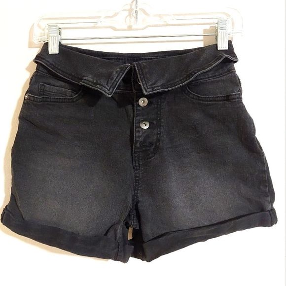 High rise button fly black fold down waist jean shorts - Picture 2 of 4